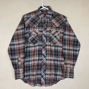 Rustler Shirt Mens 14.5 Brown‎ Blue Plaid Long Tails Button Up Adult